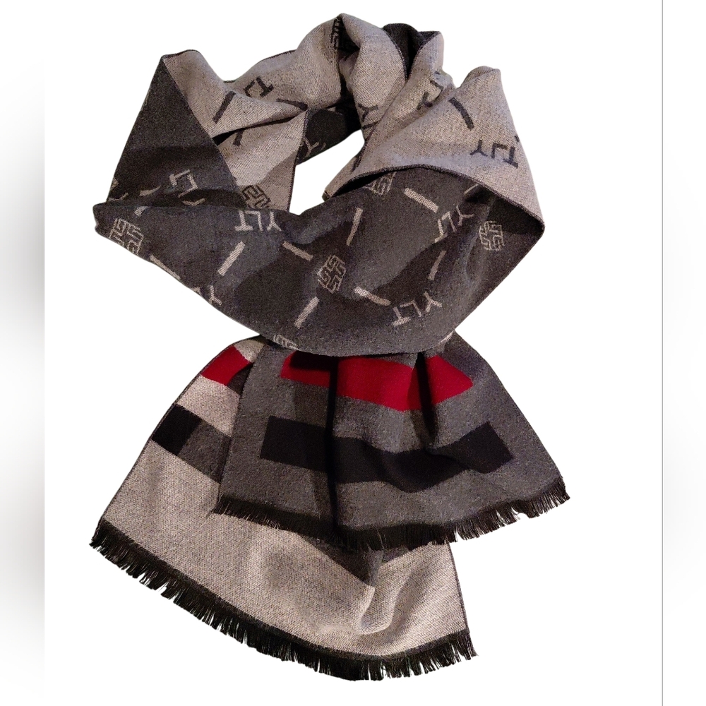 Unisex Scarf Grey With White Details And Letters YLT Red & Black Stripes at Ends